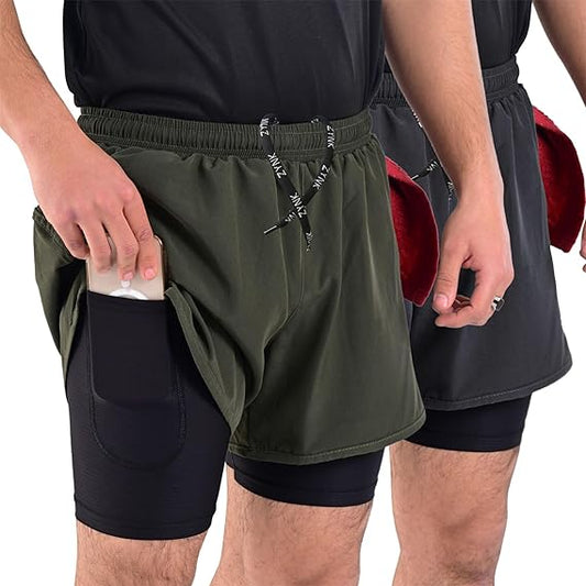 ZYNK® Men’s 2-in-1 Running Shorts (2-Pack) with Compression Liner & Pockets (Grey - Olive (Black)