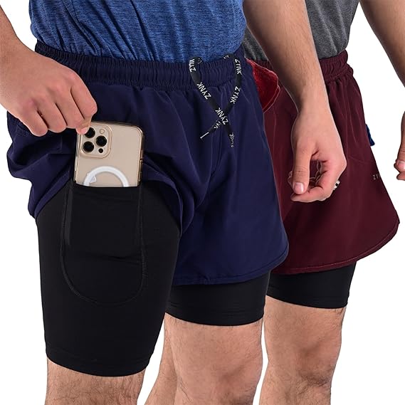 ZYNK® Men’s 2-in-1 Running Shorts (2-Pack) with Compression Liner & Pockets    (Black (Black)