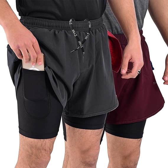 ZYNK® Men’s 2-in-1 Running Shorts (2-Pack) with Compression Liner & Pockets    (Black (Black)
