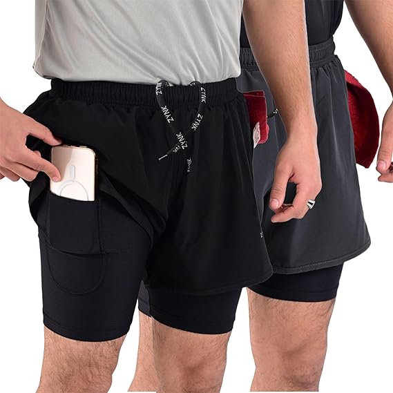 ZYNK® Men’s 2-in-1 Running Shorts (2-Pack) with Compression Liner & Pockets    (Black (Black)
