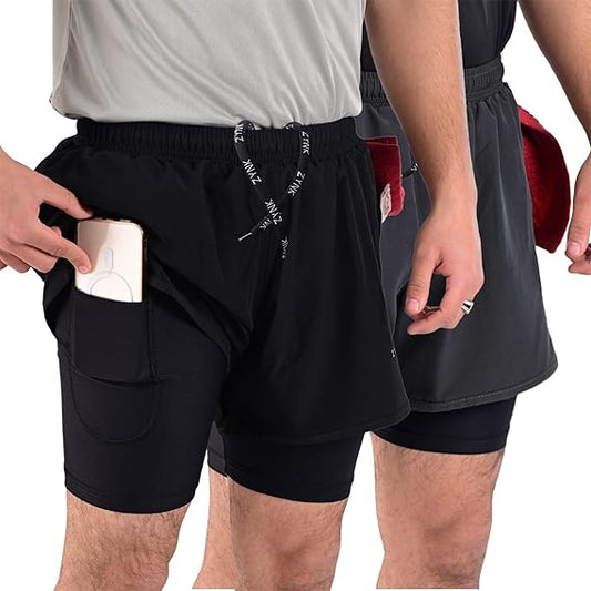 ZYNK® Men’s 2-in-1 Running Shorts (2-Pack) with Compression Liner & Pockets    (Black - Grey (Black)