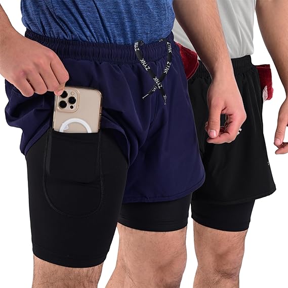 ZYNK® Men’s 2-in-1 Running Shorts (2-Pack) with Compression Liner & Pockets    (Black (Black)
