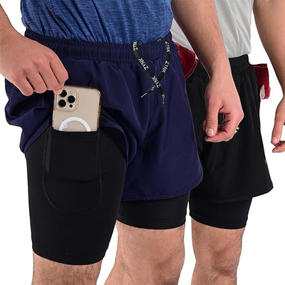 ZYNK® Men’s 2-in-1 Running Shorts (2-Pack) with Compression Liner & Pockets    (Black (Black)