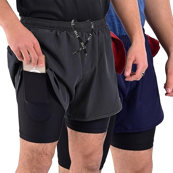 ZYNK® Men’s 2-in-1 Running Shorts (2-Pack) with Compression Liner & Pockets    (Black (Black)