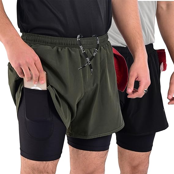 ZYNK® Men’s 2-in-1 Running Shorts (2-Pack) with Compression Liner & Pockets    (Black (Black)