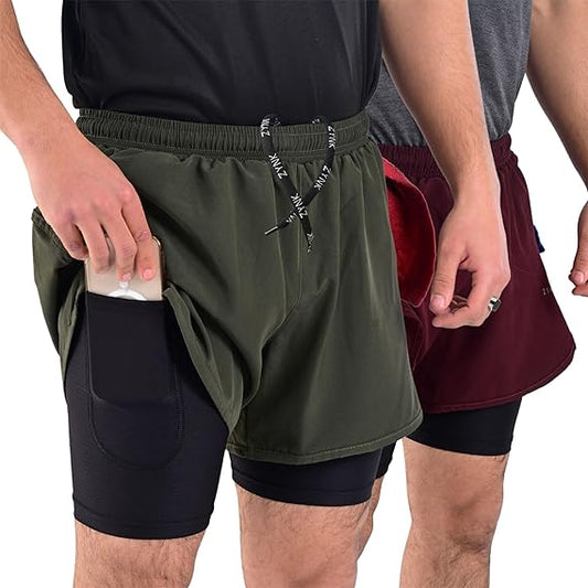 ZYNK® Men’s 2-in-1 Running Shorts (2-Pack) with Compression Liner & Pockets    (Wine - Olive (Black)