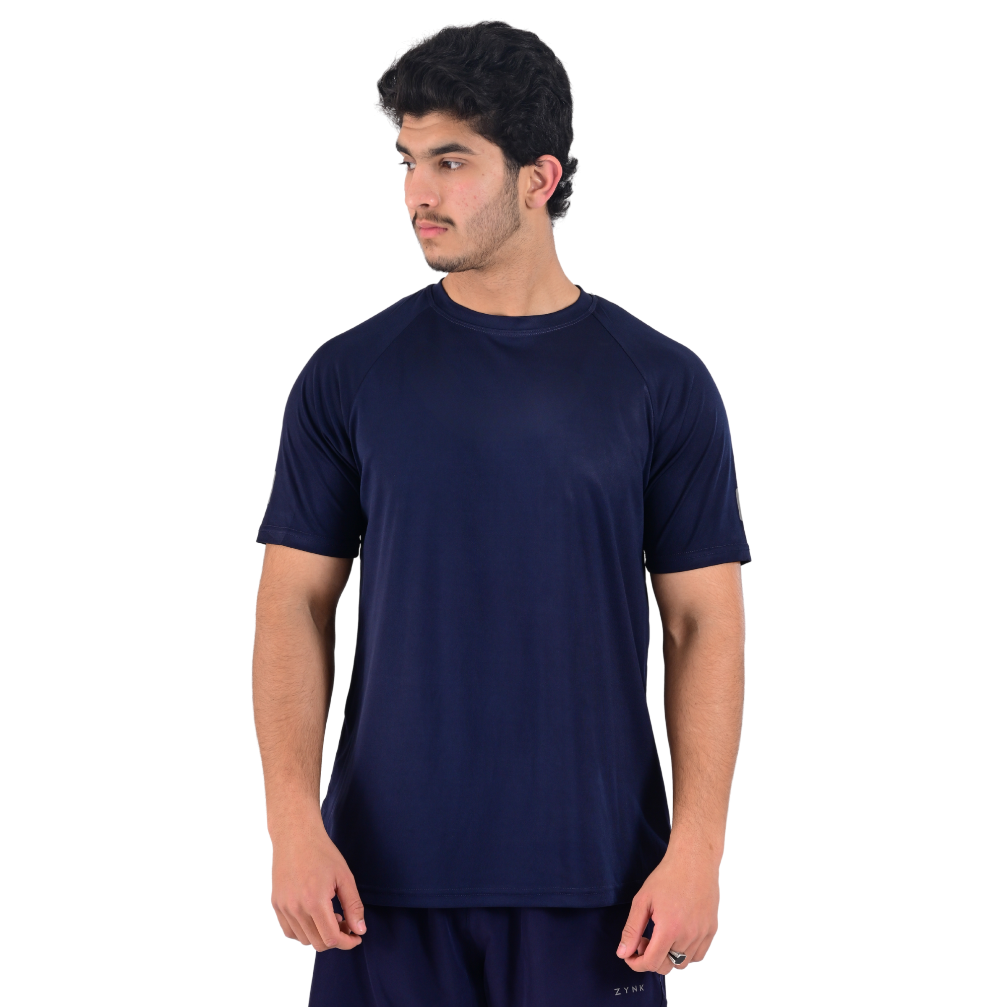 ZYNK® Men's Breathable Quick-Dry Gym T-Shirt with Reflective Sleeves - Plain Navy