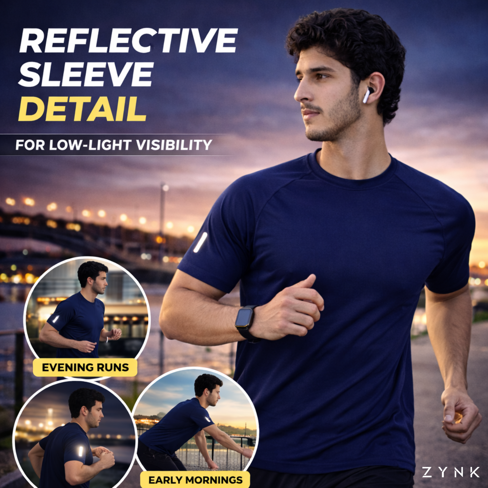 ZYNK® Men's Breathable Quick-Dry Gym T-Shirt with Reflective Sleeves - Plain Navy