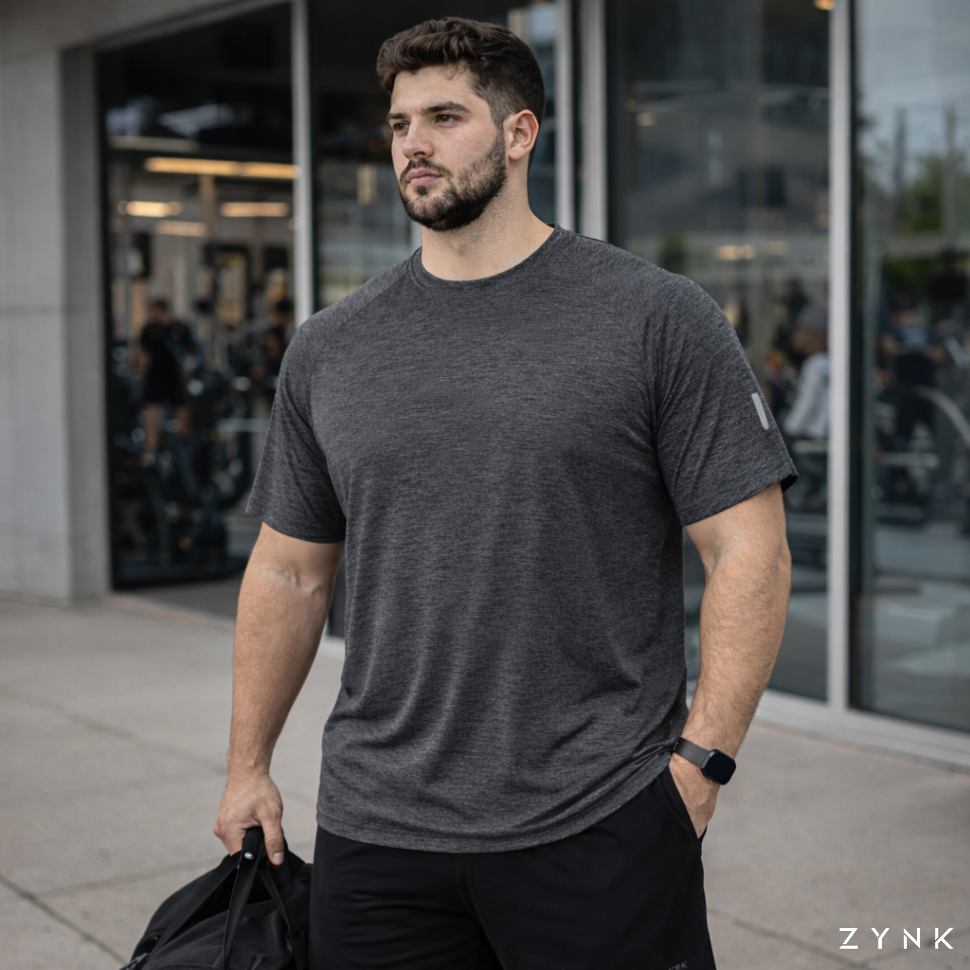 ZYNK® Men’s Quick-Dry Gym T-Shirt with Reflective Detail (XXL–4XL)      (Melange Black)