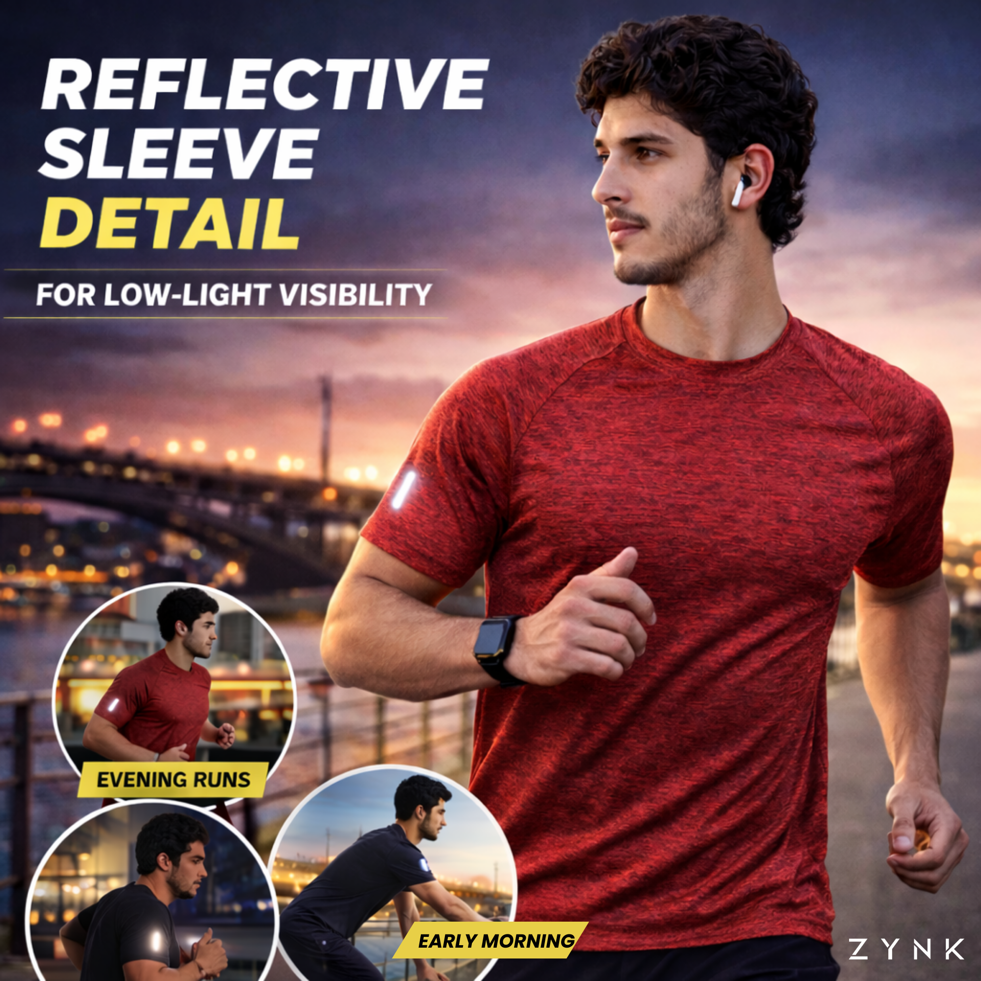 ZYNK® Men's Breathable Quick-Dry Gym T-Shirt with Reflective Sleeves - Melenge Maroon