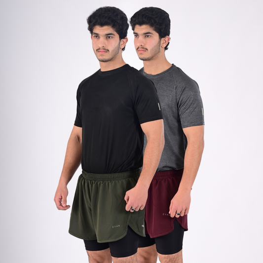ZYNK® Men’s 2-in-1 Running Shorts (2-Pack) with Compression Liner & Pockets    (Wine - Olive (Black)