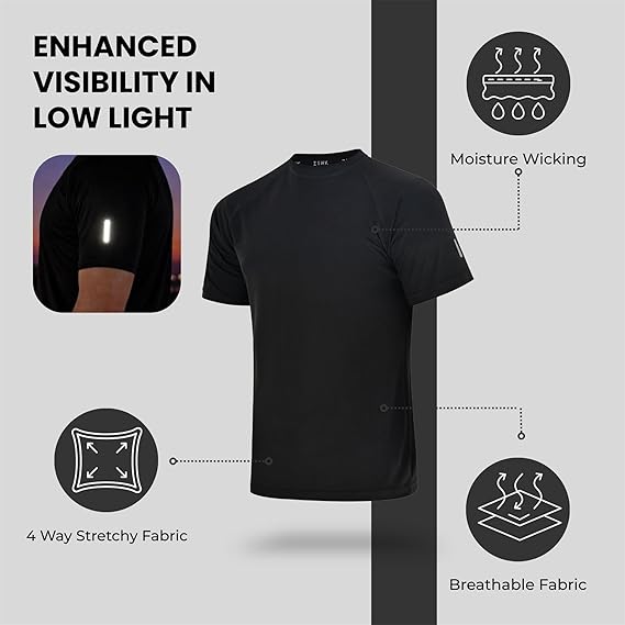 Zynk®Pack of 3 Plus Size Running T Shirts for Men UK, Lightweight Quick Dry Workout Gym Mens Shirts, Moisture Wicking Short Sleeve Tops for Gym Men with Reflective Tape, Pullover Mens T shirt, XXL-4XL
