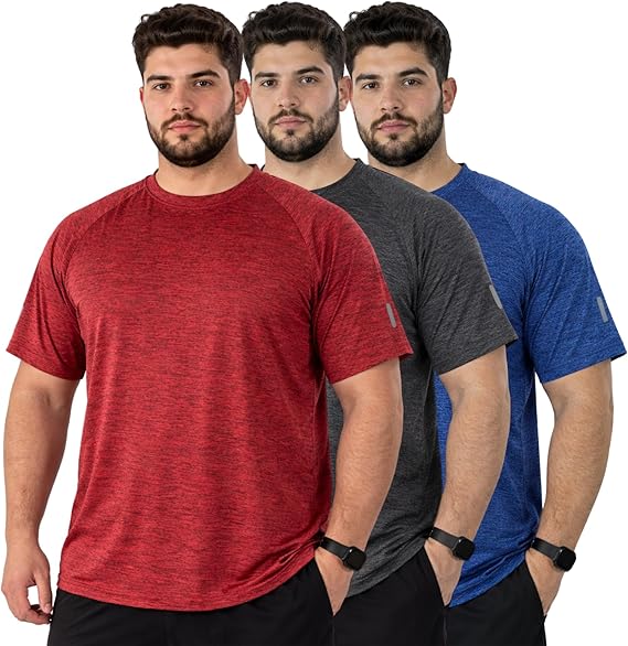 Zynk®Pack of 3 Plus Size Running T Shirts for Men UK, Lightweight Quick Dry Workout Gym Mens Shirts, Moisture Wicking Short Sleeve Tops for Gym Men with Reflective Tape, Pullover Mens T shirt, XXL-4XL